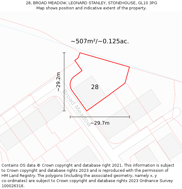 28, BROAD MEADOW, LEONARD STANLEY, STONEHOUSE, GL10 3PG: Plot and title map