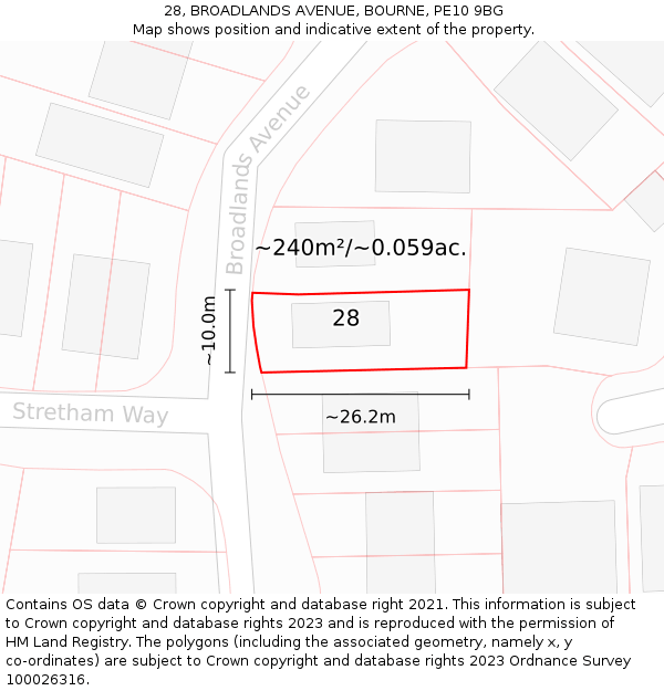 28, BROADLANDS AVENUE, BOURNE, PE10 9BG: Plot and title map