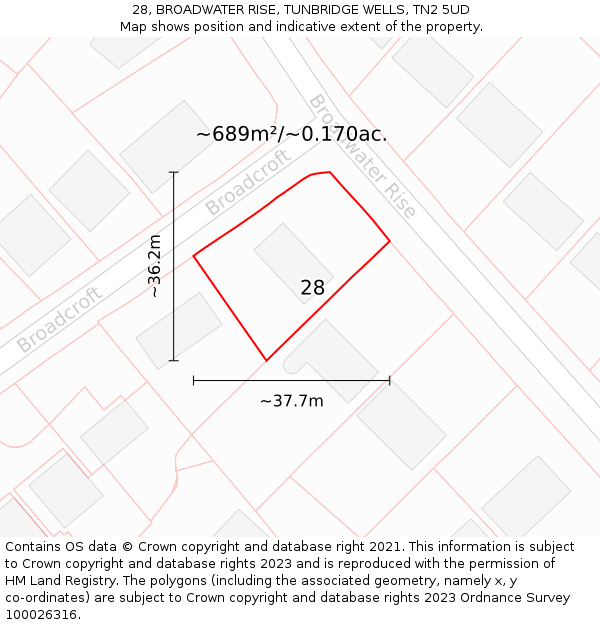 28, BROADWATER RISE, TUNBRIDGE WELLS, TN2 5UD: Plot and title map