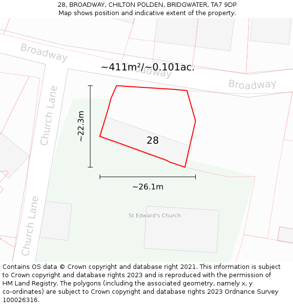 28, BROADWAY, CHILTON POLDEN, BRIDGWATER, TA7 9DP: Plot and title map