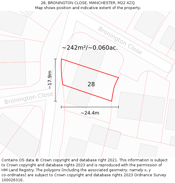 28, BRONINGTON CLOSE, MANCHESTER, M22 4ZQ: Plot and title map