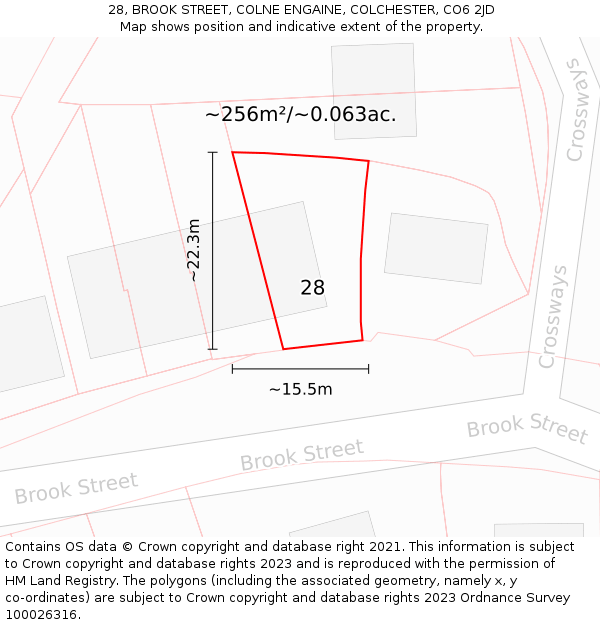 28, BROOK STREET, COLNE ENGAINE, COLCHESTER, CO6 2JD: Plot and title map