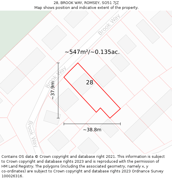 28, BROOK WAY, ROMSEY, SO51 7JZ: Plot and title map