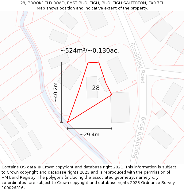 28, BROOKFIELD ROAD, EAST BUDLEIGH, BUDLEIGH SALTERTON, EX9 7EL: Plot and title map