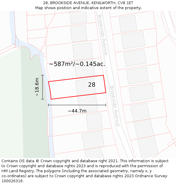 28, BROOKSIDE AVENUE, KENILWORTH, CV8 1ET: Plot and title map