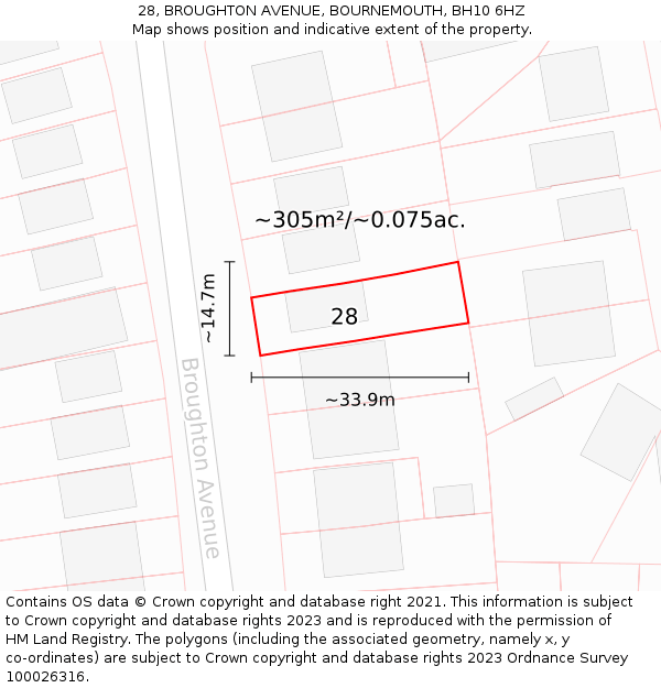 28, BROUGHTON AVENUE, BOURNEMOUTH, BH10 6HZ: Plot and title map