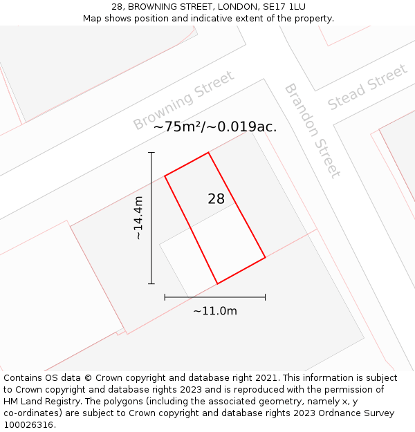 28, BROWNING STREET, LONDON, SE17 1LU: Plot and title map
