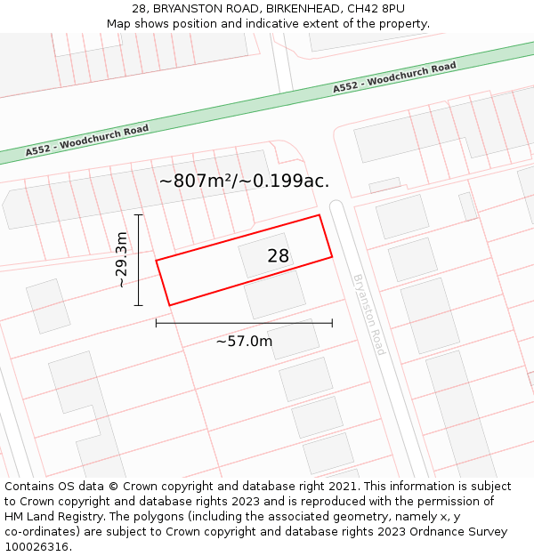 28, BRYANSTON ROAD, BIRKENHEAD, CH42 8PU: Plot and title map