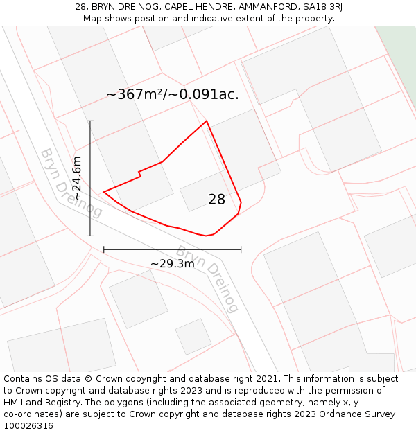 28, BRYN DREINOG, CAPEL HENDRE, AMMANFORD, SA18 3RJ: Plot and title map