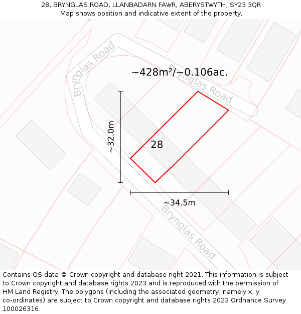 28, BRYNGLAS ROAD, LLANBADARN FAWR, ABERYSTWYTH, SY23 3QR: Plot and title map