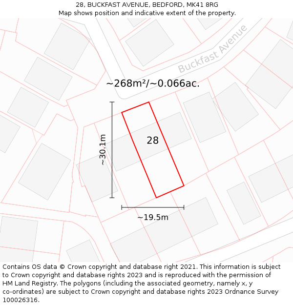 28, BUCKFAST AVENUE, BEDFORD, MK41 8RG: Plot and title map