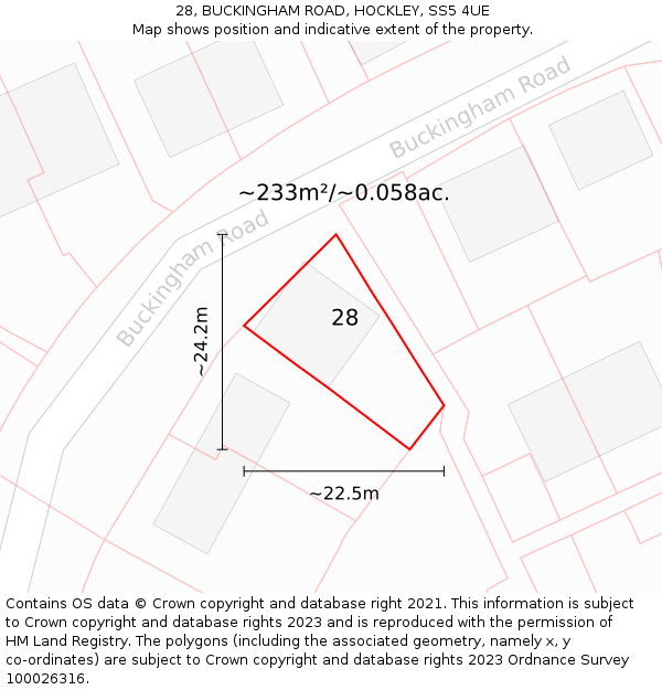 28, BUCKINGHAM ROAD, HOCKLEY, SS5 4UE: Plot and title map