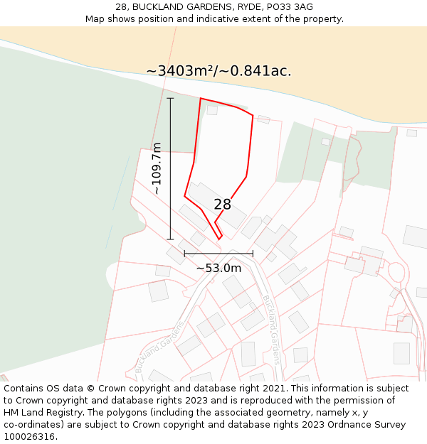 28, BUCKLAND GARDENS, RYDE, PO33 3AG: Plot and title map