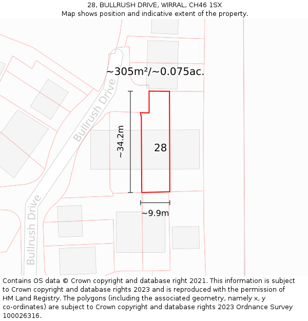 28, BULLRUSH DRIVE, WIRRAL, CH46 1SX: Plot and title map