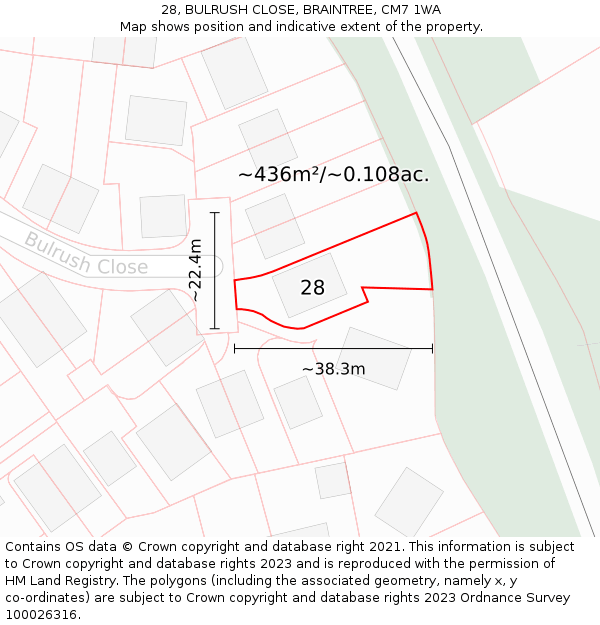 28, BULRUSH CLOSE, BRAINTREE, CM7 1WA: Plot and title map