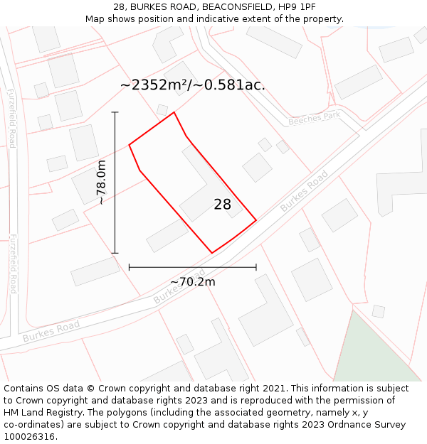 28, BURKES ROAD, BEACONSFIELD, HP9 1PF: Plot and title map