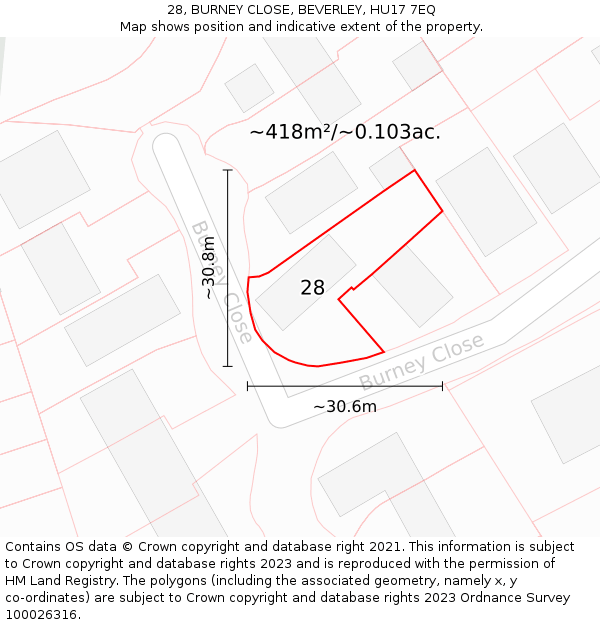 28, BURNEY CLOSE, BEVERLEY, HU17 7EQ: Plot and title map