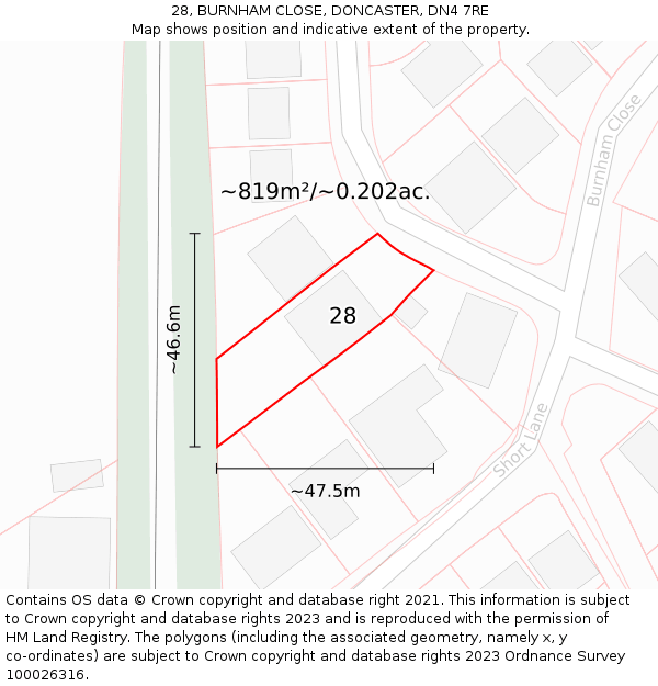 28, BURNHAM CLOSE, DONCASTER, DN4 7RE: Plot and title map