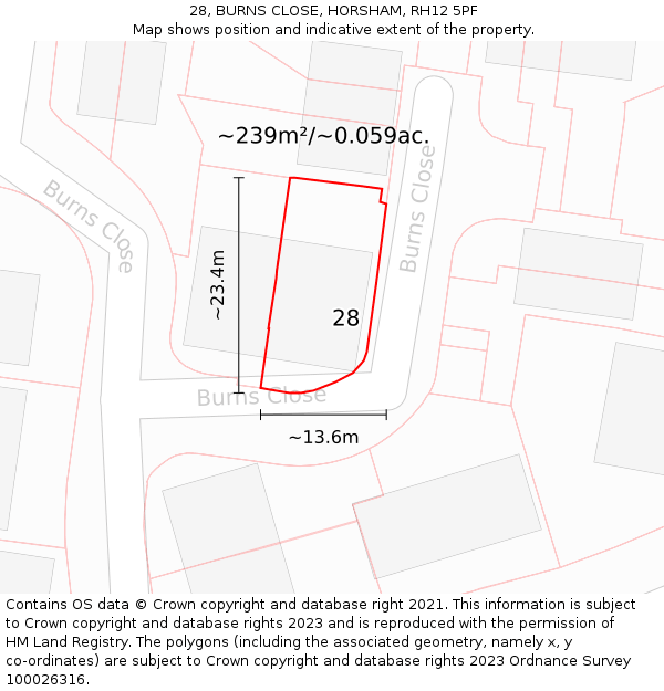 28, BURNS CLOSE, HORSHAM, RH12 5PF: Plot and title map