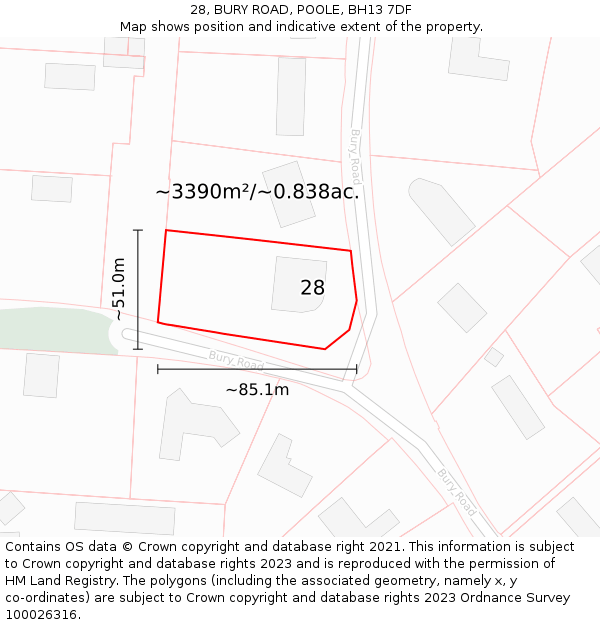 28, BURY ROAD, POOLE, BH13 7DF: Plot and title map