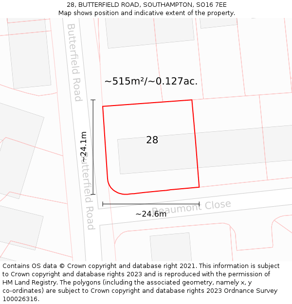 28, BUTTERFIELD ROAD, SOUTHAMPTON, SO16 7EE: Plot and title map