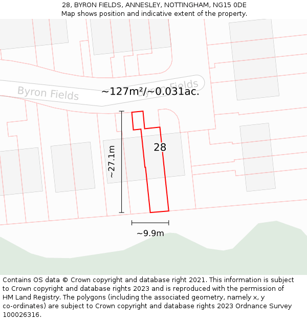 28, BYRON FIELDS, ANNESLEY, NOTTINGHAM, NG15 0DE: Plot and title map