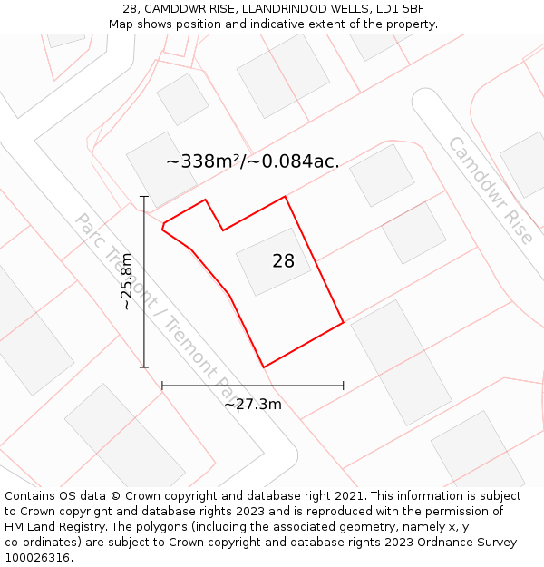 28, CAMDDWR RISE, LLANDRINDOD WELLS, LD1 5BF: Plot and title map