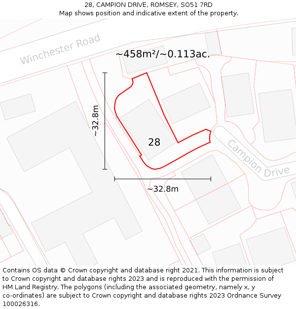 28, CAMPION DRIVE, ROMSEY, SO51 7RD: Plot and title map