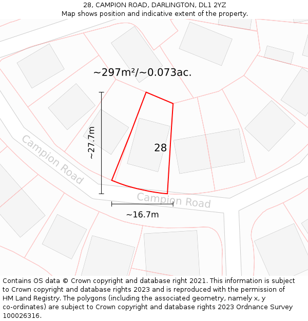 28, CAMPION ROAD, DARLINGTON, DL1 2YZ: Plot and title map