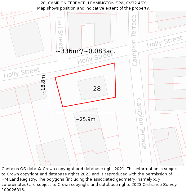 28, CAMPION TERRACE, LEAMINGTON SPA, CV32 4SX: Plot and title map