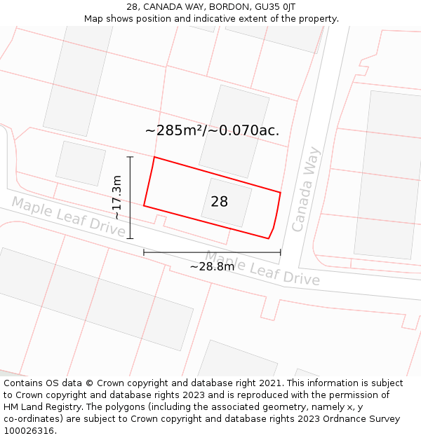 28, CANADA WAY, BORDON, GU35 0JT: Plot and title map