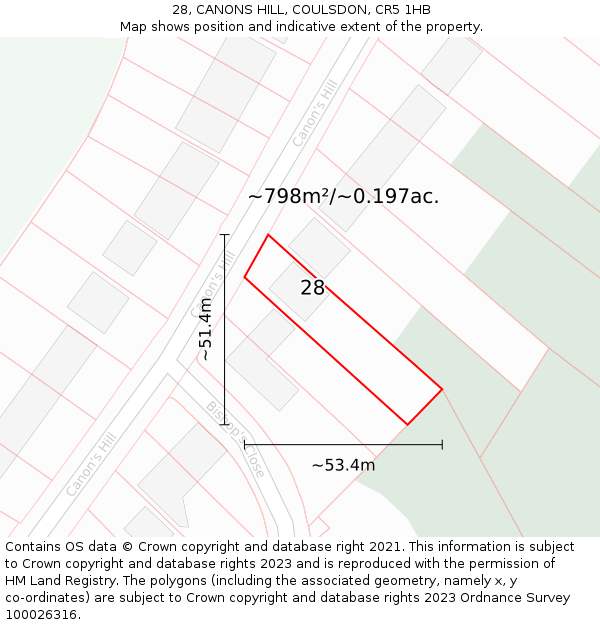 28, CANONS HILL, COULSDON, CR5 1HB: Plot and title map