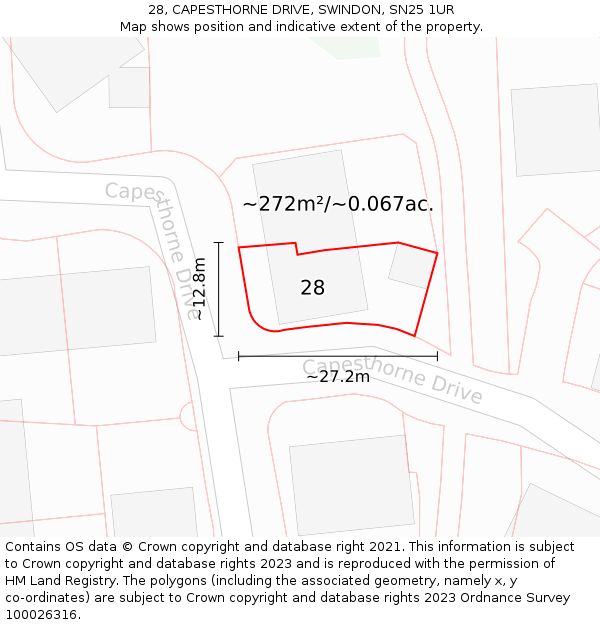 28, CAPESTHORNE DRIVE, SWINDON, SN25 1UR: Plot and title map