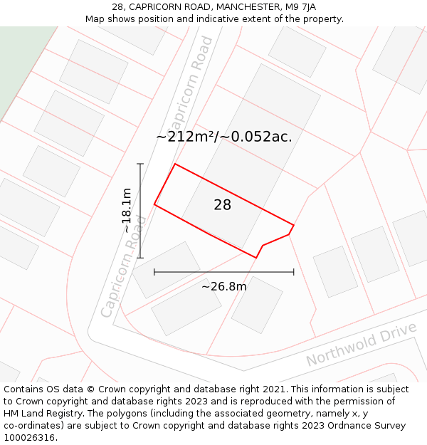 28, CAPRICORN ROAD, MANCHESTER, M9 7JA: Plot and title map