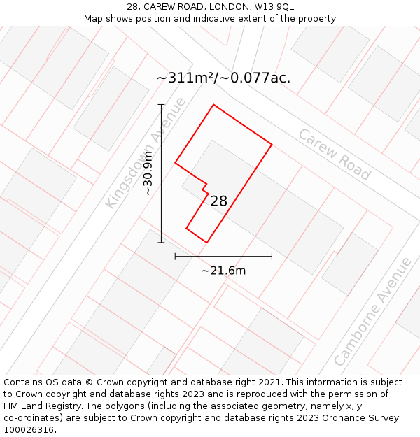 28, CAREW ROAD, LONDON, W13 9QL: Plot and title map