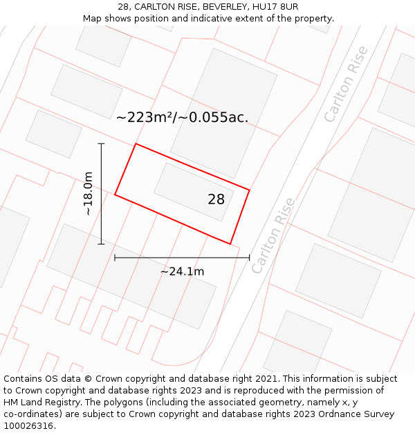 28, CARLTON RISE, BEVERLEY, HU17 8UR: Plot and title map