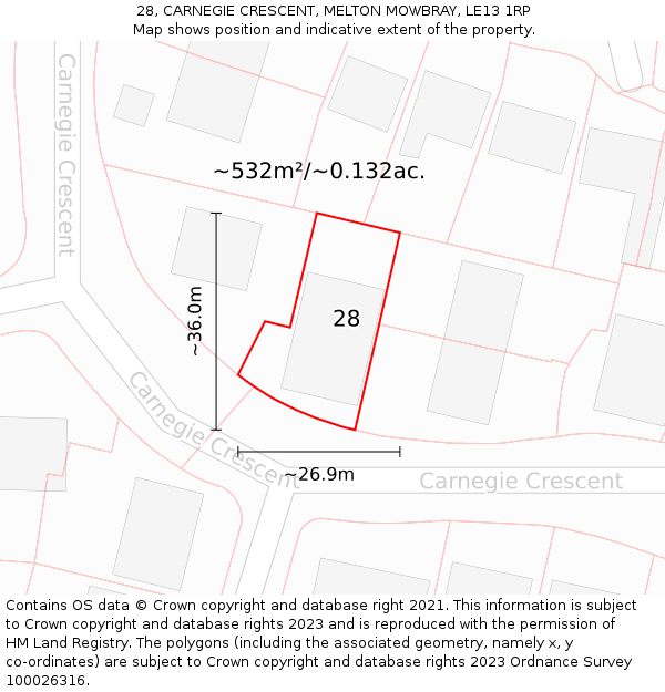 28, CARNEGIE CRESCENT, MELTON MOWBRAY, LE13 1RP: Plot and title map