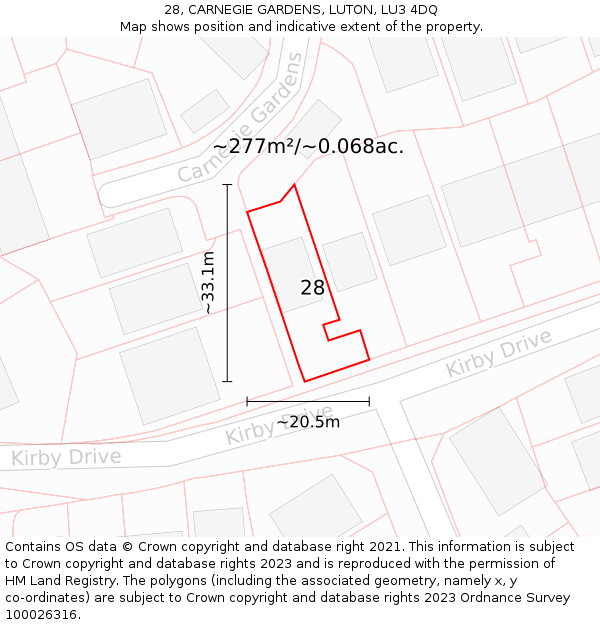 28, CARNEGIE GARDENS, LUTON, LU3 4DQ: Plot and title map