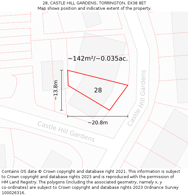 28, CASTLE HILL GARDENS, TORRINGTON, EX38 8ET: Plot and title map