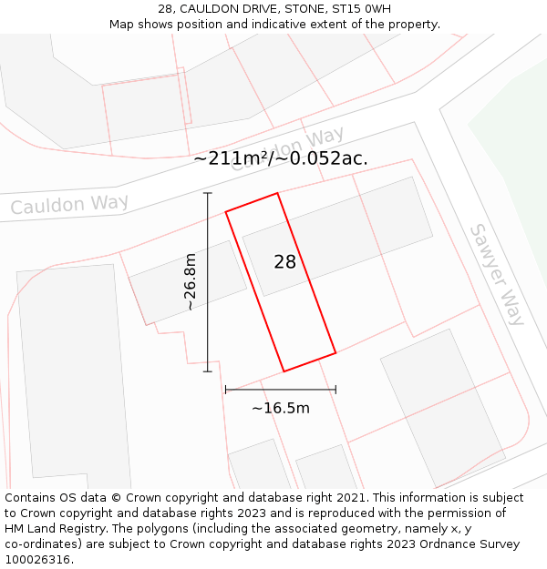 28, CAULDON DRIVE, STONE, ST15 0WH: Plot and title map