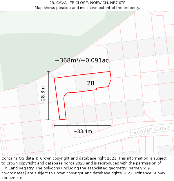 28, CAVALIER CLOSE, NORWICH, NR7 0TE: Plot and title map