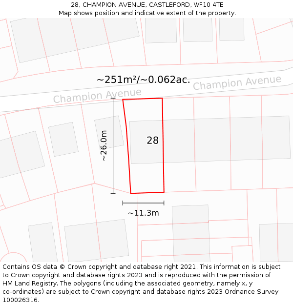 28, CHAMPION AVENUE, CASTLEFORD, WF10 4TE: Plot and title map