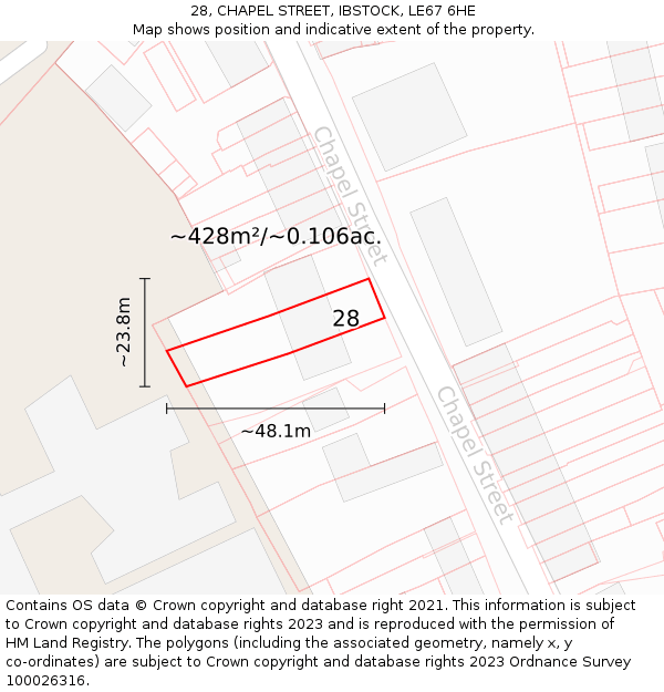 28, CHAPEL STREET, IBSTOCK, LE67 6HE: Plot and title map