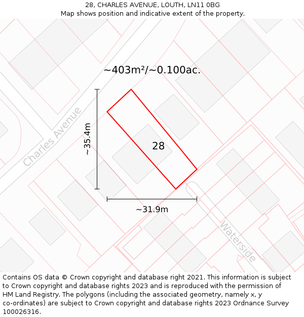 28, CHARLES AVENUE, LOUTH, LN11 0BG: Plot and title map