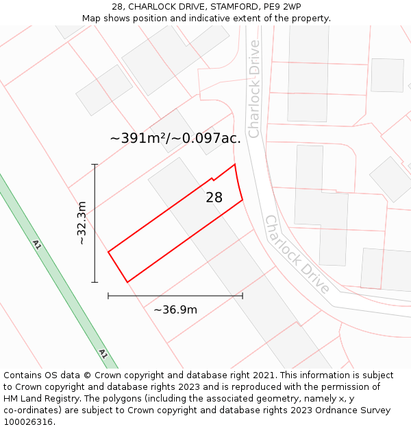 28, CHARLOCK DRIVE, STAMFORD, PE9 2WP: Plot and title map