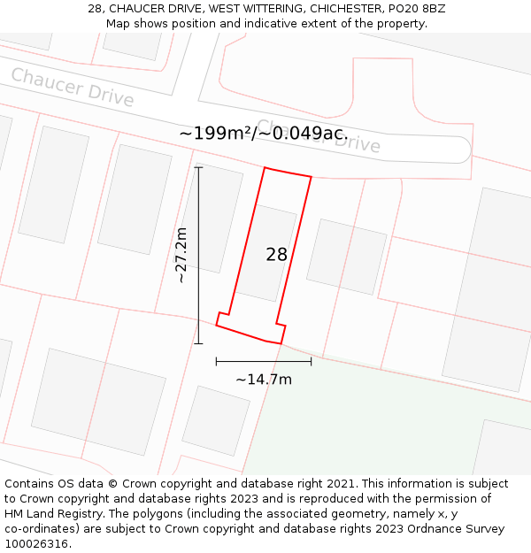 28, CHAUCER DRIVE, WEST WITTERING, CHICHESTER, PO20 8BZ: Plot and title map