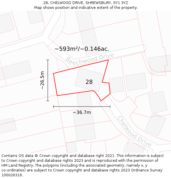 28, CHELWOOD DRIVE, SHREWSBURY, SY1 3YZ: Plot and title map