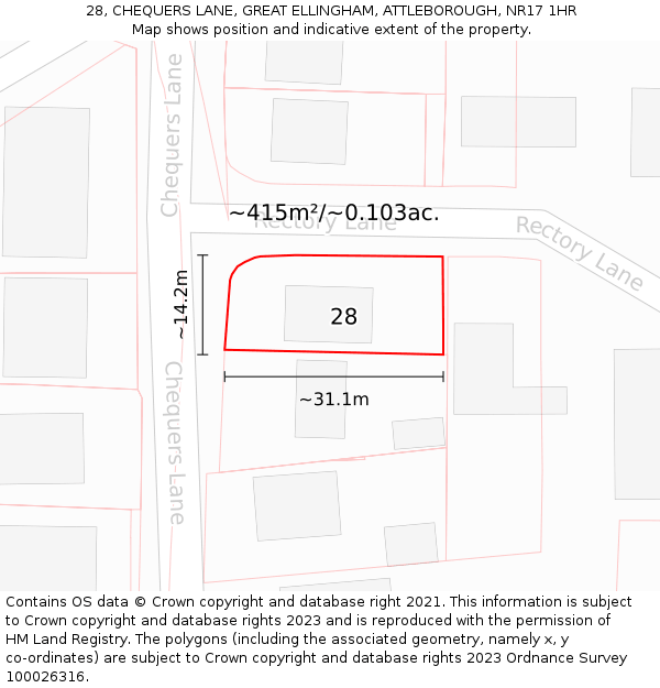 28, CHEQUERS LANE, GREAT ELLINGHAM, ATTLEBOROUGH, NR17 1HR: Plot and title map