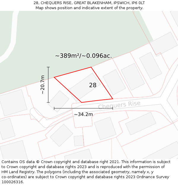 28, CHEQUERS RISE, GREAT BLAKENHAM, IPSWICH, IP6 0LT: Plot and title map