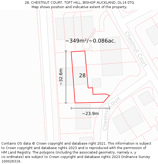 28, CHESTNUT COURT, TOFT HILL, BISHOP AUCKLAND, DL14 0TQ: Plot and title map